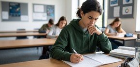Focused teen student writing in notebook during high school math class. Concentrated young boy study in classroom, preparing for exam test. Concentrated education and academic learning concept.